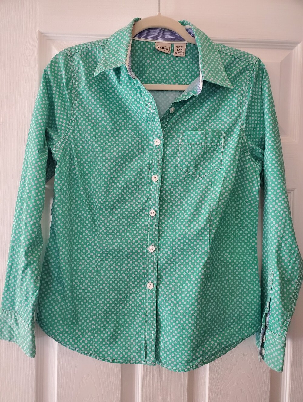 LL Bean Womens Green Polka Dot Button-Up Shirt Size Medium
